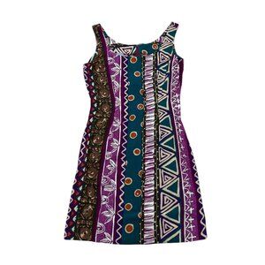 Women’s Vintage 90s Tribal Print Mini Dress Purple Green Cotton Made in USA
